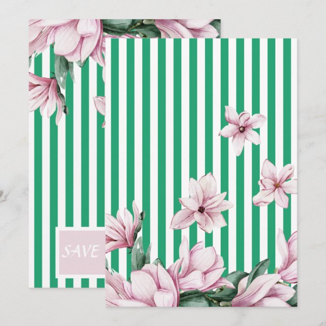 Summer, spring, green stripe magnolia print invitation (Front/Back)