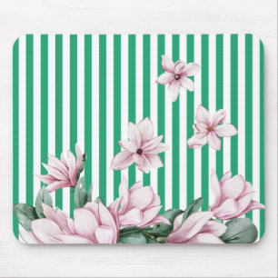Summer, spring, green stripe magnolia print mouse mat
