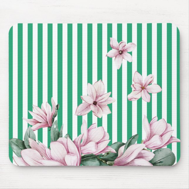 Summer, spring, green stripe magnolia print  mouse mat (Front)