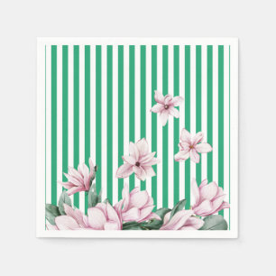 Summer, spring, green stripe magnolia print  napkin