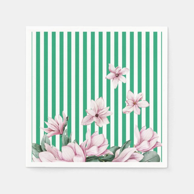 Summer, spring, green stripe magnolia print  napkin (Front)
