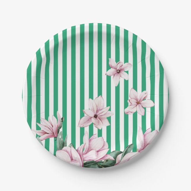 Summer, spring, green stripe magnolia print  paper plate (Front)