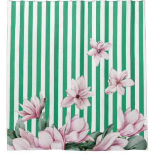 Summer, spring, green stripe magnolia print   shower curtain