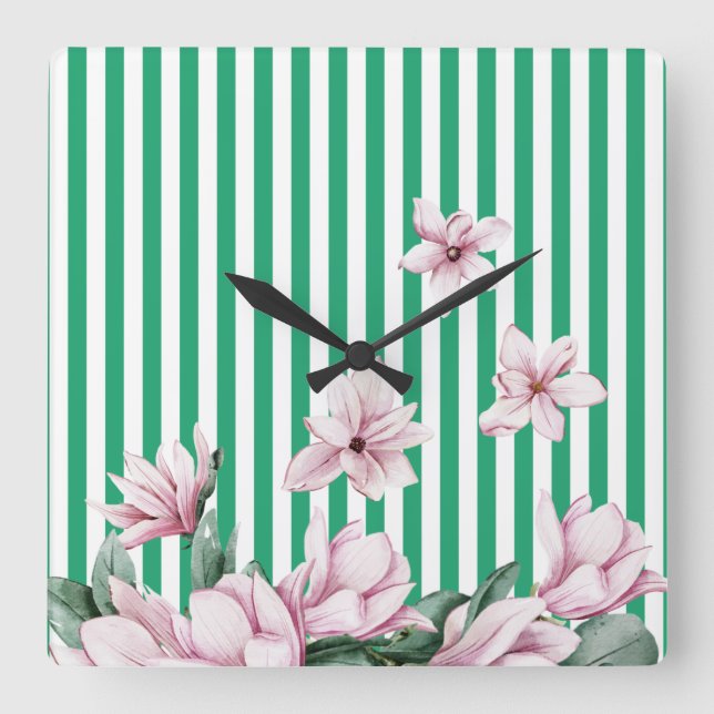 Summer, spring, green stripe magnolia print square wall clock (Front)