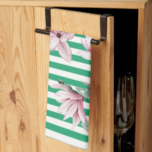 Summer, spring, green stripe magnolia print   tea towel