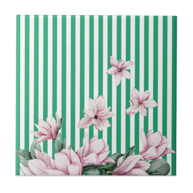 Summer, spring, green stripe magnolia print  tile (Front)