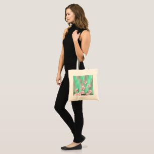 Summer, spring, green stripe magnolia print tote bag