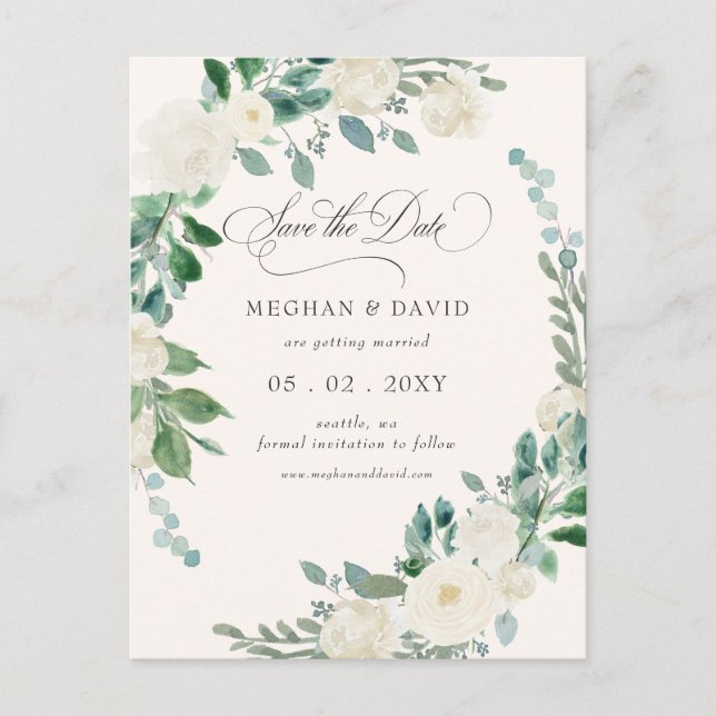 Summer Spring Ivory Floral Greenery Save the Date Announcement Postcard (Front)