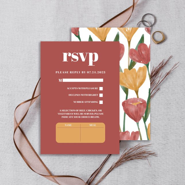 Summer Spring Mustard Red Floral Botanical Wedding RSVP Card (Creator Uploaded)