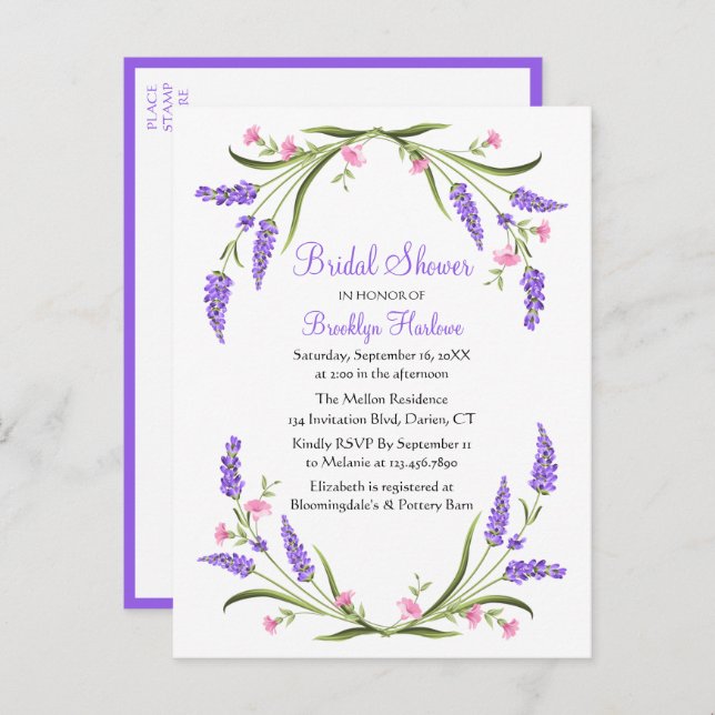Summer Spring Pink Purple Floral Bridal Shower Invitation Postcard (Front/Back)
