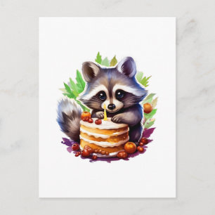 Summer Spring racoon with a 1th birthday cake Postcard
