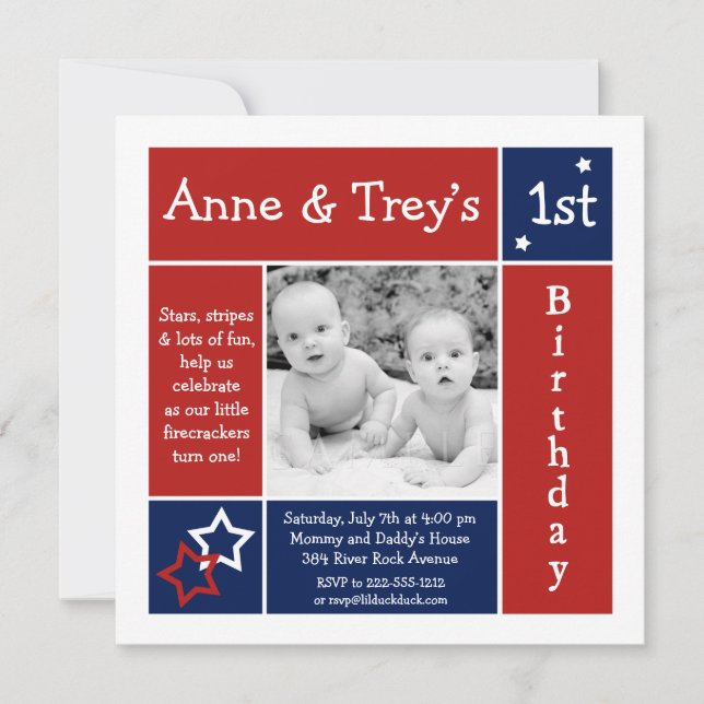 Summer Stars Twin Photo Birthday Invitation (Front)