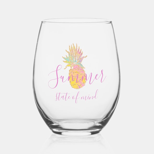 Summer state of mind - Cute Tropical Pineapple  Stemless Wine Glass (Front)