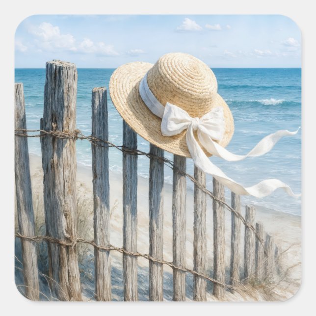 Summer Straw Hat In Ocean Breeze Square Sticker (Front)