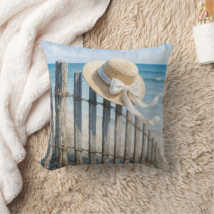 Summer Straw Hat On Beach Fence Cushion