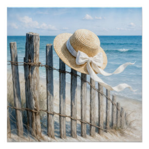 Summer Straw Hat On Beach Fence Poster
