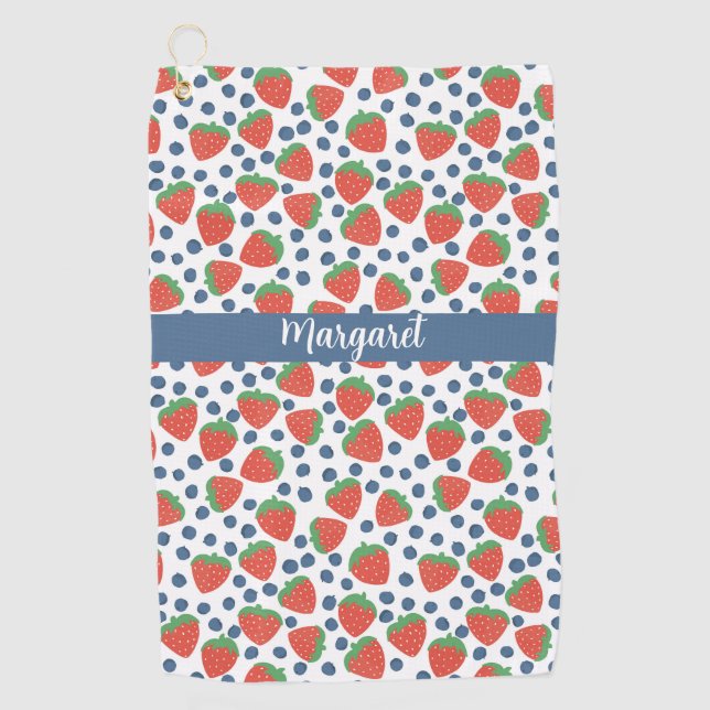 Summer Strawberries and Blueberries Fruit Pattern Golf Towel (Front)