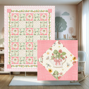 Summer Strawberries Gingham Floral Baby Girl Fleece Blanket