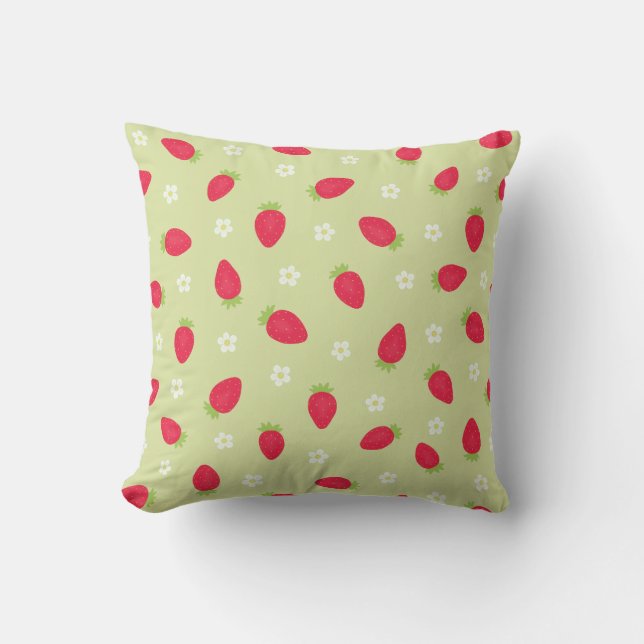 Summer Strawberries (large scale) Green Cushion (Front)