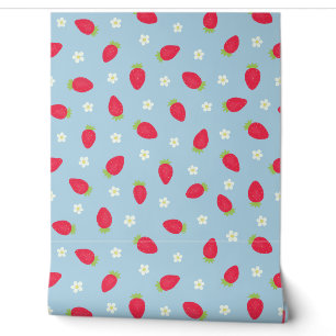 Summer Strawberries on Blue (large scale) Wallpaper