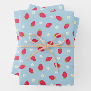 Summer Strawberries on Blue (large scale) Wrapping Paper Sheet