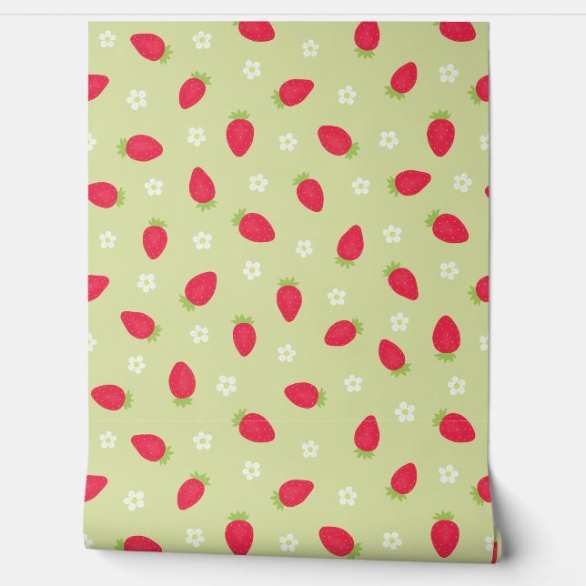 Summer Strawberries on Green (large scale) Wallpaper (Unrolling)