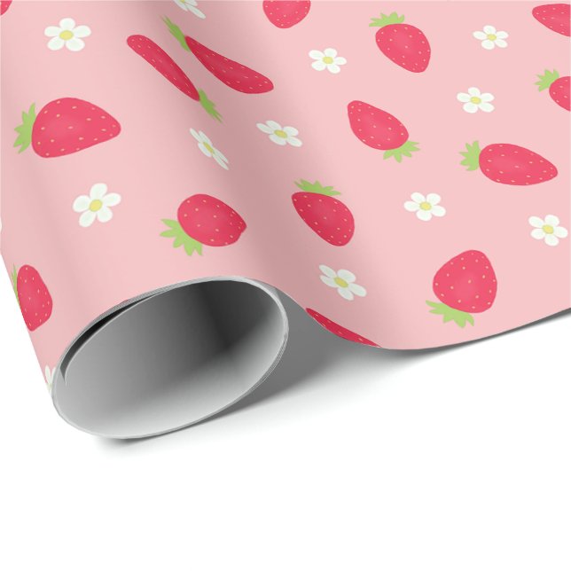 Summer Strawberries on Pink (large scale) Wrapping Paper (Roll Corner)
