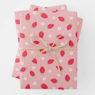 Summer Strawberries on Pink (large scale) Wrapping Paper Sheet