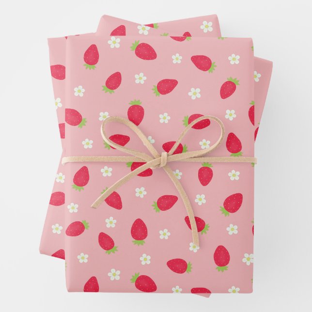 Summer Strawberries on Pink (large scale) Wrapping Paper Sheet (In situ)