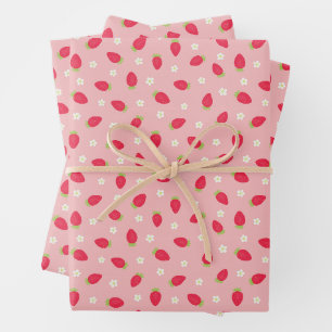 Summer Strawberries on Pink (small scale) Wrapping Paper Sheet