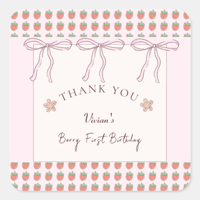 Summer Strawberries Pink Ribbon Thank You Square Sticker (Front)