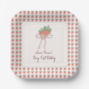 Summer, Strawberries, Ribbon 1st Birthday Party Paper Plate