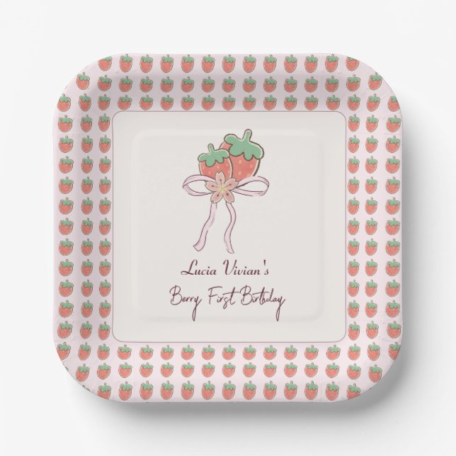 Summer, Strawberries, Ribbon 1st Birthday Party Paper Plate (Front)