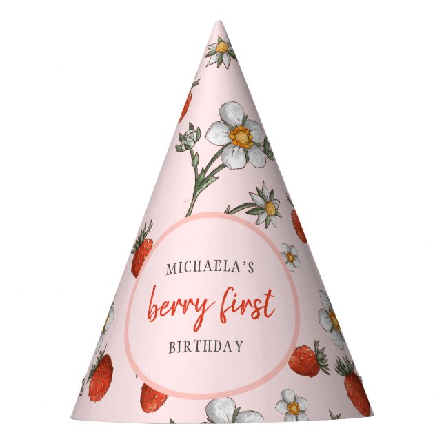 Summer Strawberry Berry First Birthday Party Party Hat (Front)