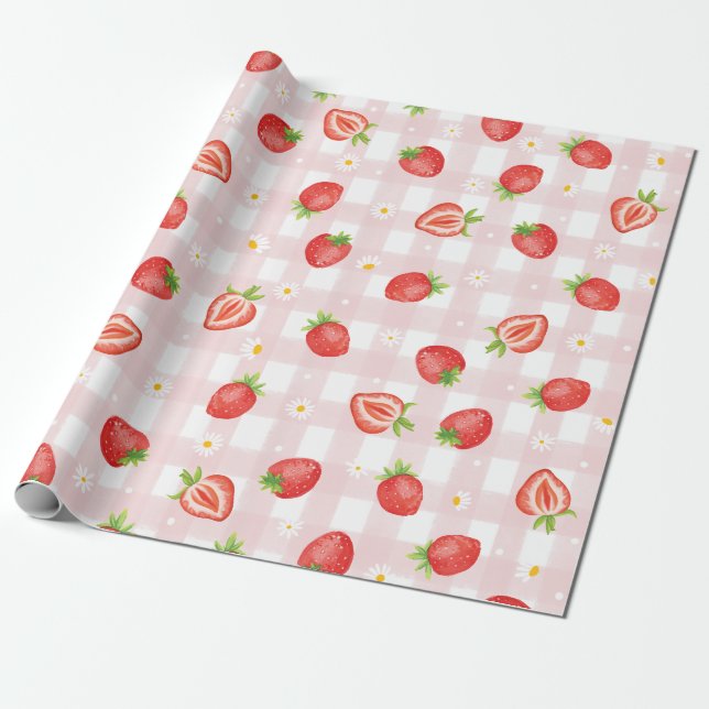 Summer Strawberry Daisy Floral Pink Gingham Party Wrapping Paper (Unrolled)