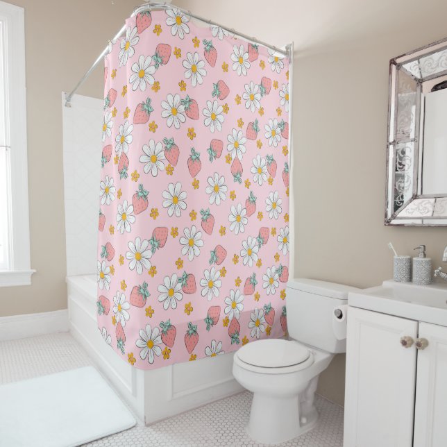 Summer Strawberry Daisy Pattern  Shower Curtain (In Situ)