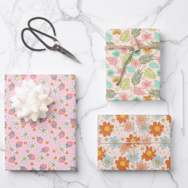 Summer Strawberry Flower Tropical Leaves Wrapping Paper Sheet (Front)