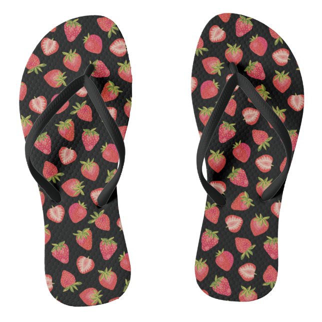 Summer Strawberry Pattern on black Flip Flops (Footbed)