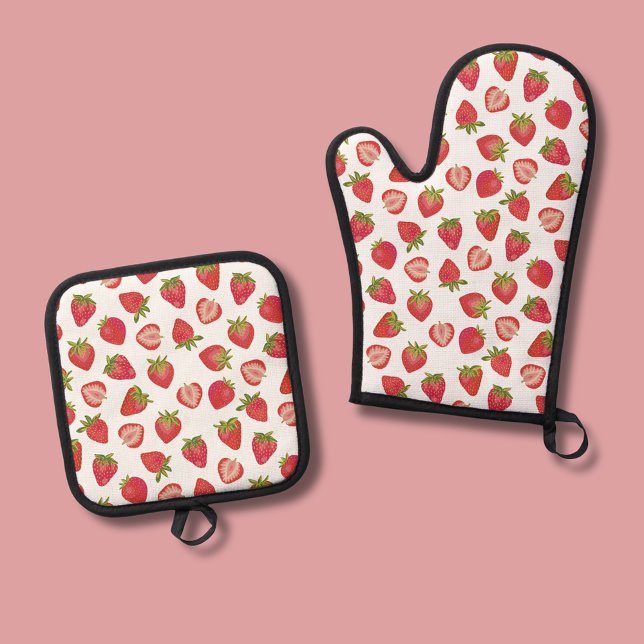 Summer strawberry pattern oven mitt & pot holder set (Strawberry pattern oven glove and mitt kitchen homeware range.)