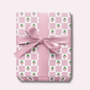 Summer Strawberry Pink Chequerboard Wrapping Paper