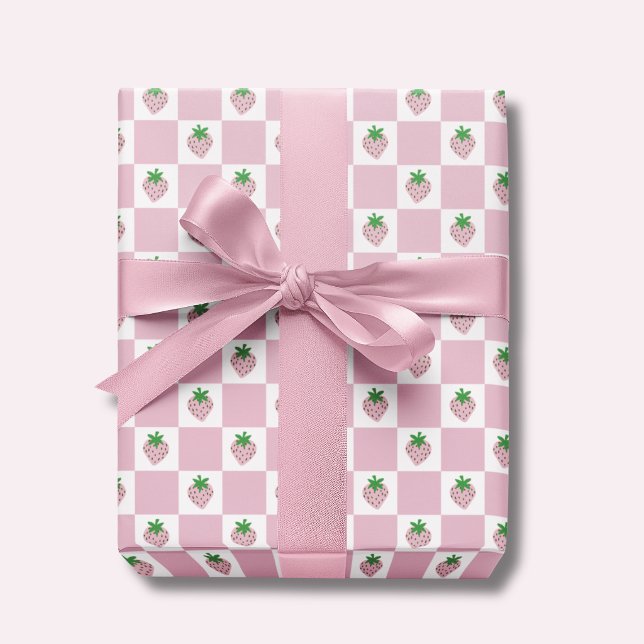 Summer Strawberry Pink Chequerboard Wrapping Paper (Pink strawberry checkerboard wrapping paper. Ideal for girls birthday gifts and baby showers.)