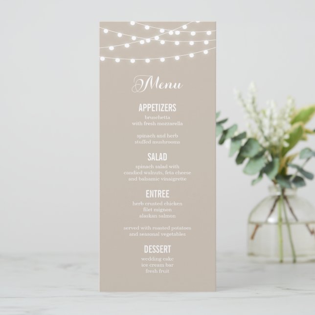 Summer String Lights Wedding Menu Card (Standing Front)