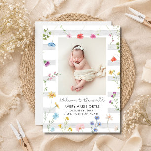 Summer Stripe Floral Photo Birth Announcement
