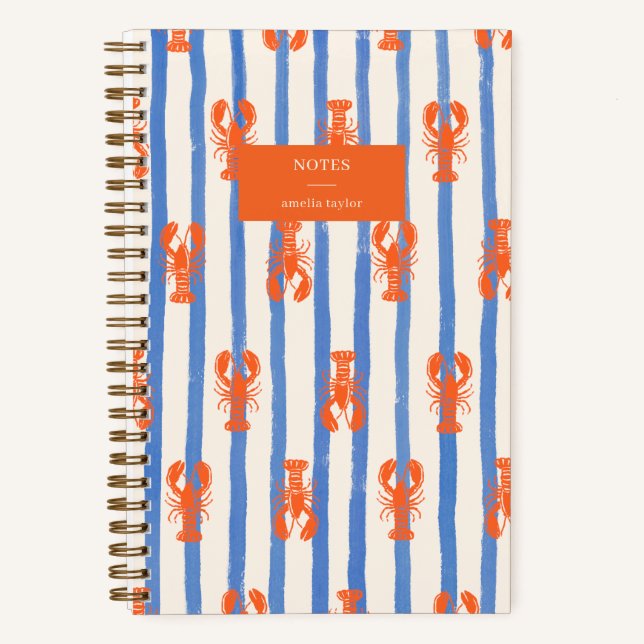 Summer Stripe Lobster Pattern Personalized Name Notebook (Front)