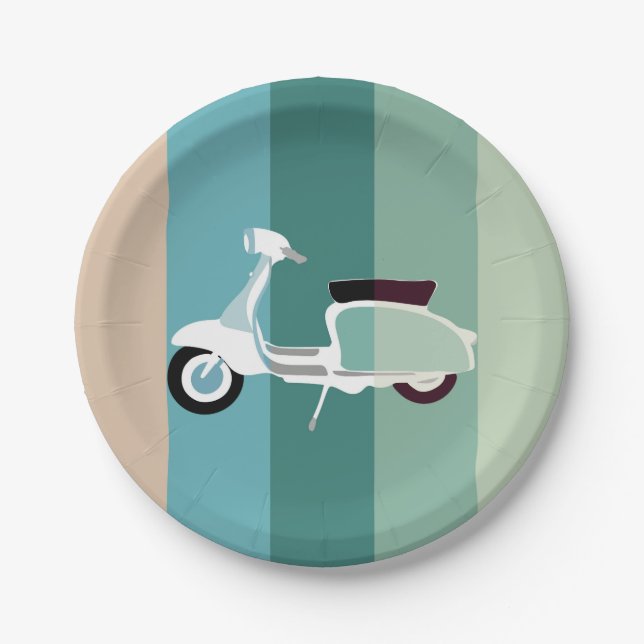 Summer Striped Retro Scooter Party Paper Plates (Front)