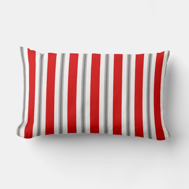 Summer Stripes, Deep Red, White and Grey  Lumbar Cushion (Front)