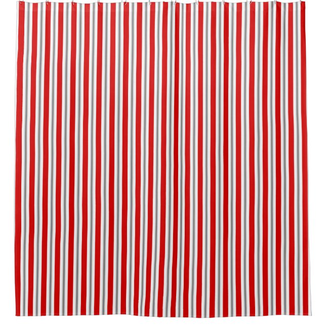 Summer Stripes, Deep Red, White and Grey  Shower Curtain (Front)