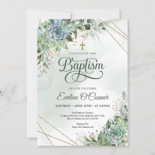Summer succulents eucalyptus greenery gold Baptism Invitation