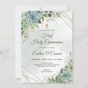Summer succulents eucalyptus greenery gold Baptism Invitation