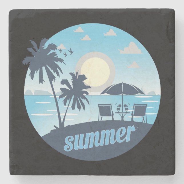 Summer, Sun, Beach, Chairs, Umbrella & Palm Trees Stone Coaster (Front)
